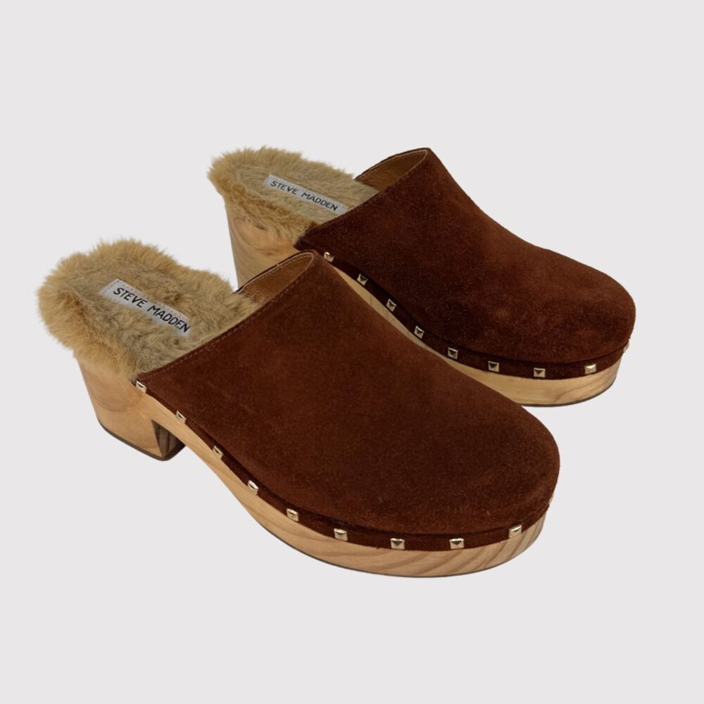 Steve Madden Brooklyn Womens Clogs Brown Suede Mules Fur Trim Studded Sandals 8M